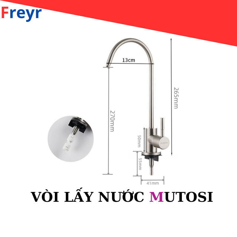 Vòi lấy nước Inox Mutosi dùng cho máy lọc RO Mutosi, Kangaroo, Karofi Sunhouse Kèm cút góc nối nhanh