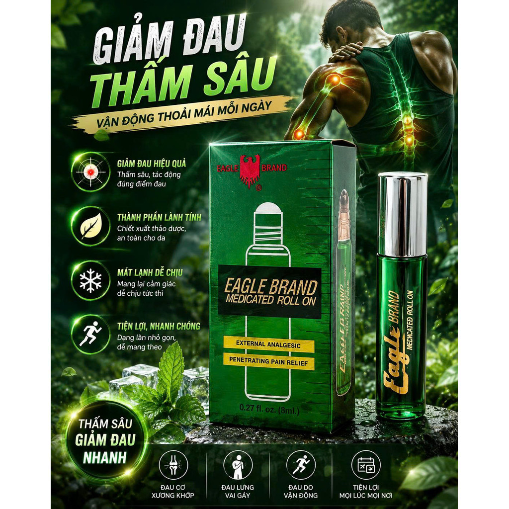 [HÀNG MỸ] Dầu Gió Xanh Đầu Bi Lăn Tiện Lợi Eagle Brand Medicated Roll On Xoa Bóp Thư Giãn (Chai 8ml)