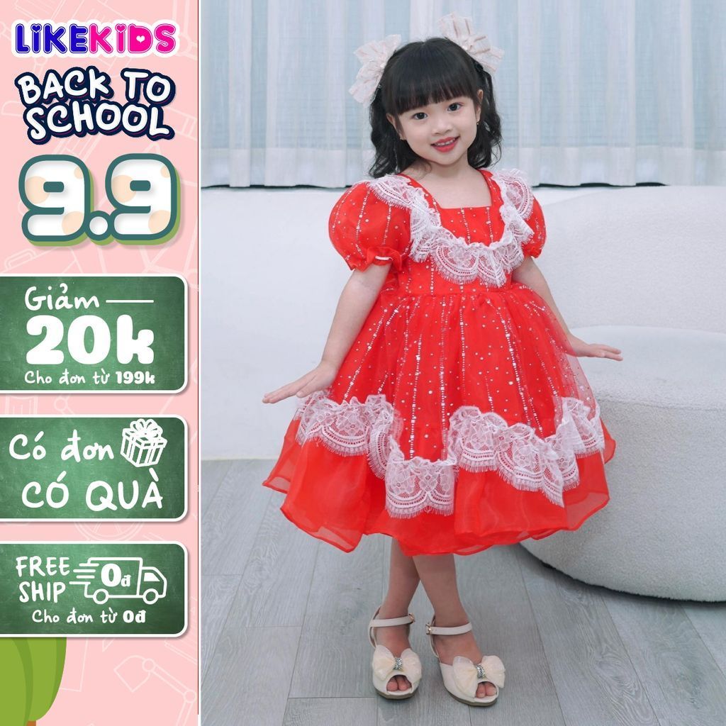 Đầm công chúa tiểu thư dạng lưới xòe cho bé gái họa tiết REN VIỀN KIM SA L40 bồng bềnh - LikeKids