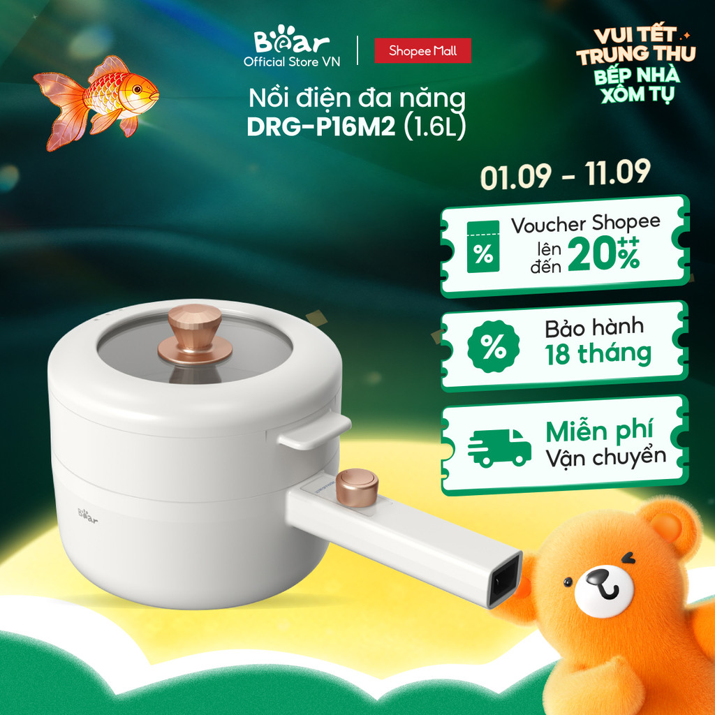 Nồi điện đa năng 1.6L Bear DRG-P16M2/ DRG-E15P2  (kèm khay hấp) - Chính hãng - BH 18 tháng