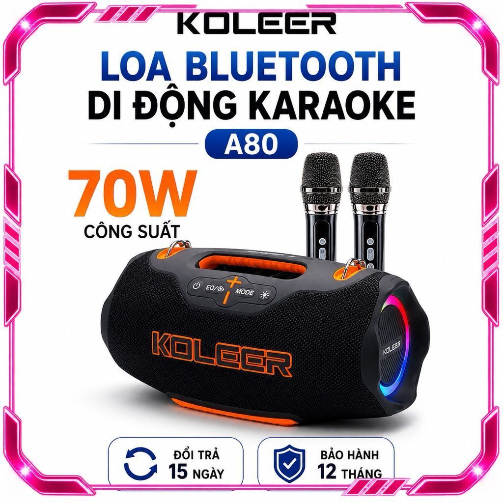 Loa Bluetooth Karaoke KOLEER A80 70W Kèm 2 Micro Không Dây | Bluetooth 5.3 | Pin 8000mAh | Đèn LED R