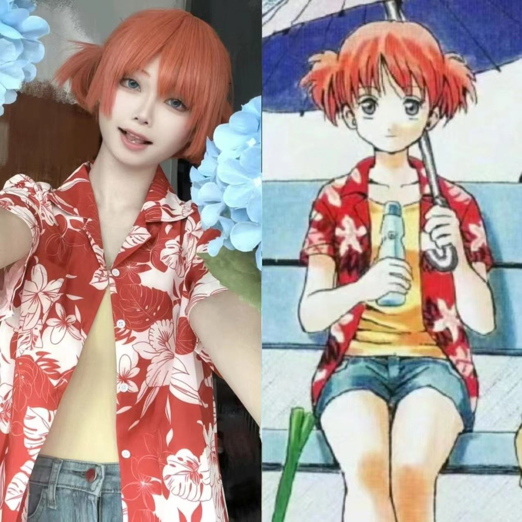 Gintama Kagura Cùng Phong Cách Màu Đỏ Áo Sơ Mi Tay Ngắn Nam Nữ Mùa Hè Mỏng Phong Cách Hawaii Áo Sơ M