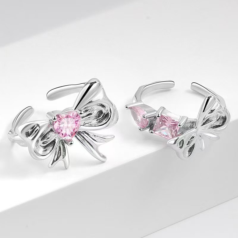 Feel Stone Premium Bowknot Set Index Finger Ring ins Zirconium Cool Pink Open Niche Design Ring Styl