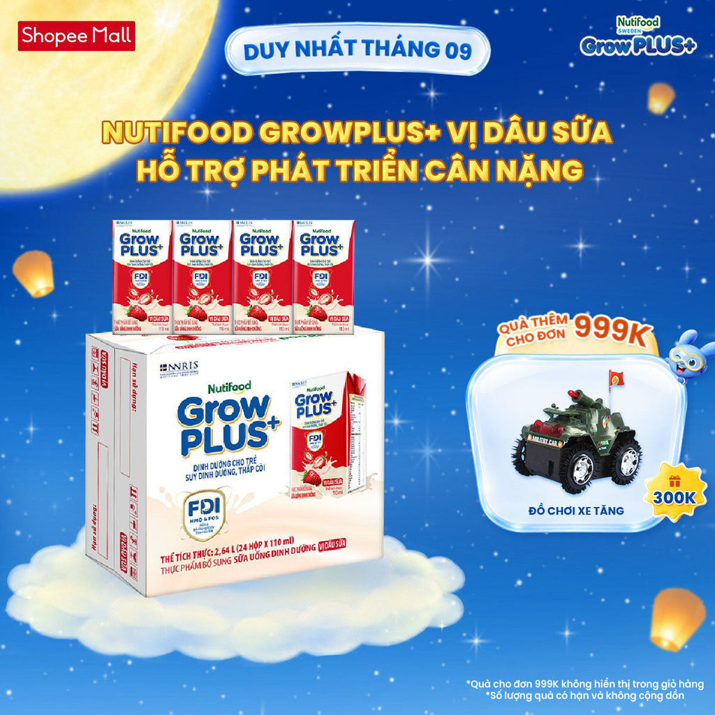 Thùng 24 hộp Sữa bột pha sẵn Nutifood GrowPLUS+ Vị Dâu hộp 110ml - Trên 1 tuổi (24 hộp x 110ml)