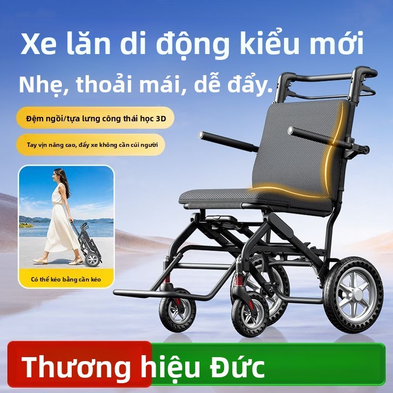 Xe lăn Lishan Đức gấp gọn nhẹ người già du lịch đẩy ngồi được
