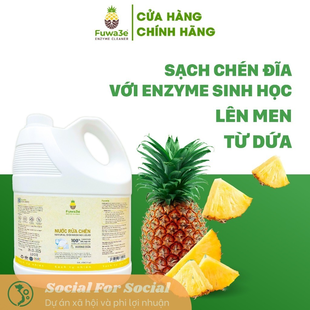 [ Tặng 3 chai nhỏ 100ml] Nước Rửa Chén Bát Fuwa3e Hữu Cơ Enzyme Sinh Học Organic 3.8L An Toàn Cho Bé Bảo Vệ Da Tay