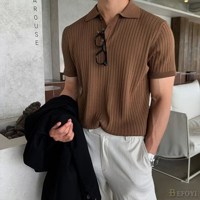 Áo sơ mi polo nam họa tiết dệt kim tay ngắn, slim fit, cổ chữ V thoải mái đa năng