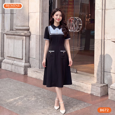 Đầm thiết kế BEMINE cổ sơ mi phối sọc dáng chữ A phù hợp đi làm-B672