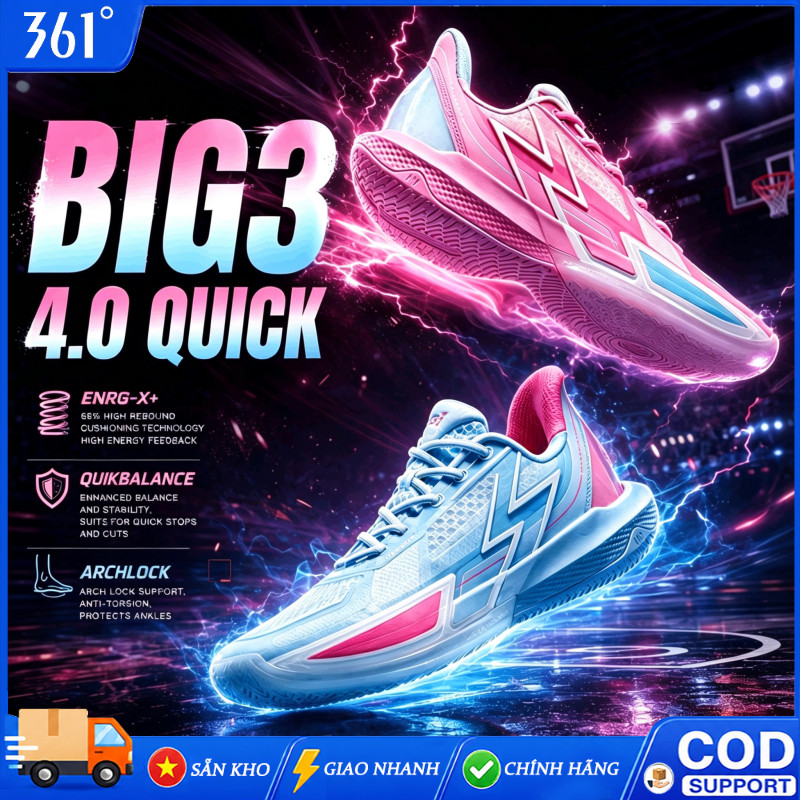 361° Giày Bóng Rổ BIG3 4.0 Quick Mới 2026 Thấp Cổ ENRG-X Đàn Hồi 68% Chống Trơn Bền Sân Trong Ngoài