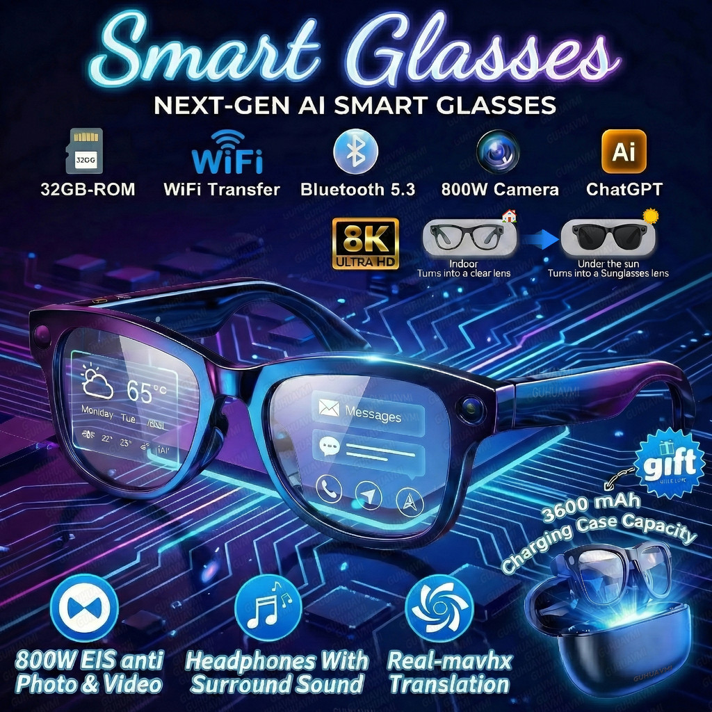 2026 Smart AI Kính 4K 800W Camera 3600mAh Power Bank 32GB Memory 120 + Dịch ChatGPT Hình ảnh âm nhạc