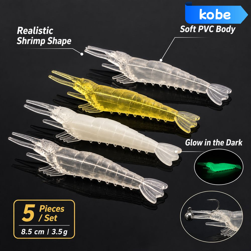 KOBE 5 Cái / bộ Mồi Câu Cá Tôm, Đuôi Linh Hoạt Hình Thực Tế Mồi Tôm Nhân Tạo, PVC 3.5g / 8.5cm Tôm M