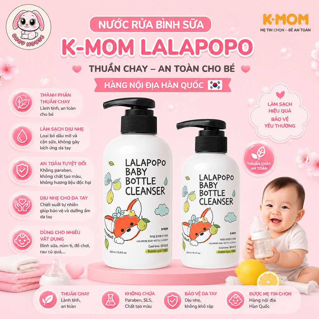Nước rửa bình sữa thuần chay Kmom Lalapopo Hàn quốc cho bé