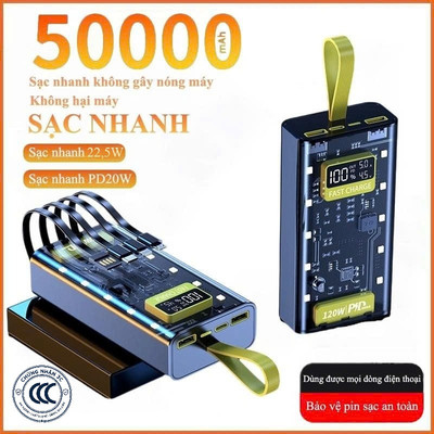 Pin Sạc Dự Phòng 30000 50000MAH sạc nhanh PD22,5W/20W trong suốt tích hợp 4 dây sạc tích hợp đèn led chiếu sáng