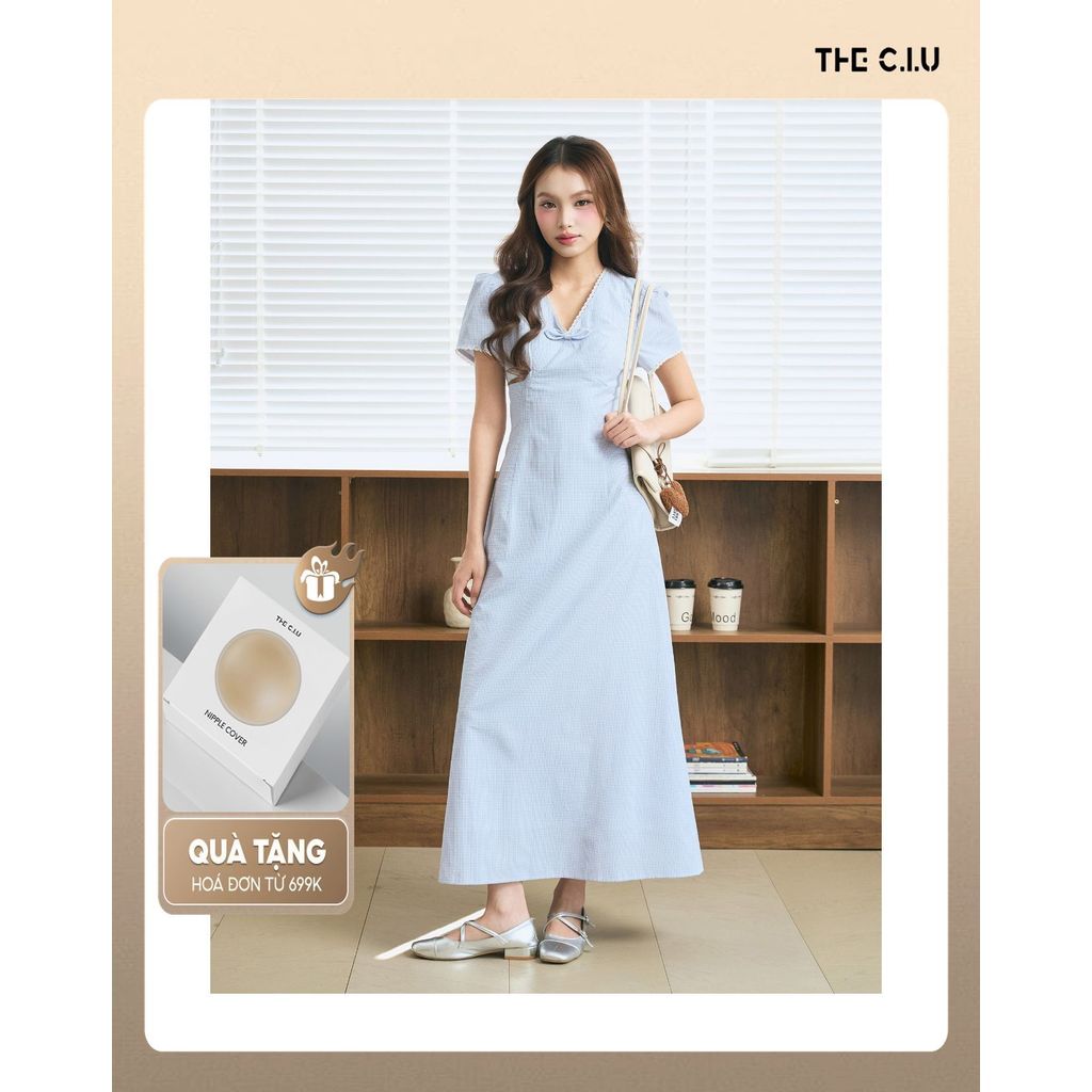 Đầm nữ dáng dài cổ tim tay phồng THE C.I.U, váy maxi form ôm tôn dáng thanh lịch – Lotus Dress