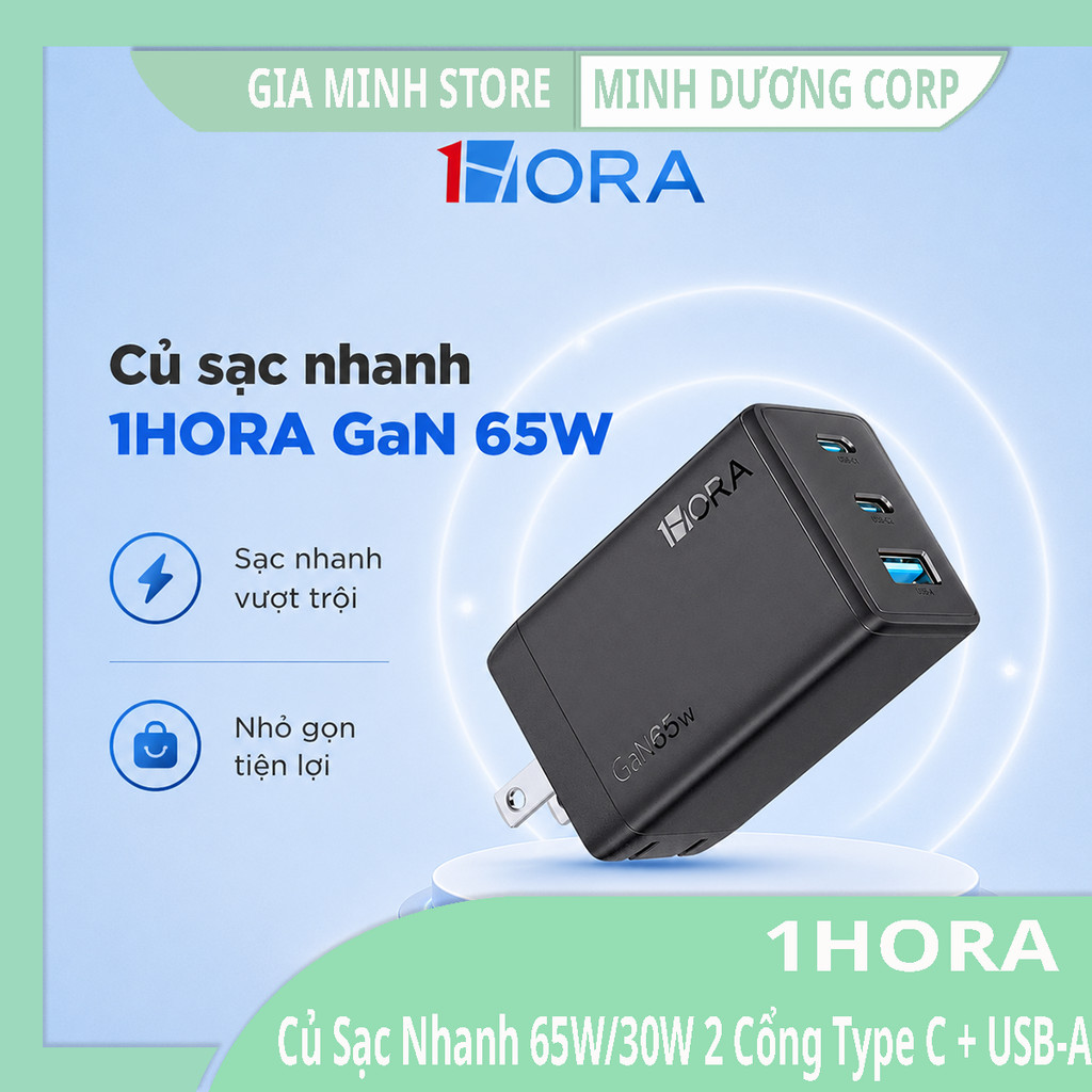 Củ Sạc Nhanh 1HORA GaN 65W/30W 2 Cổng Type C + USB-A - Sạc Nhanh - BH 12 Tháng