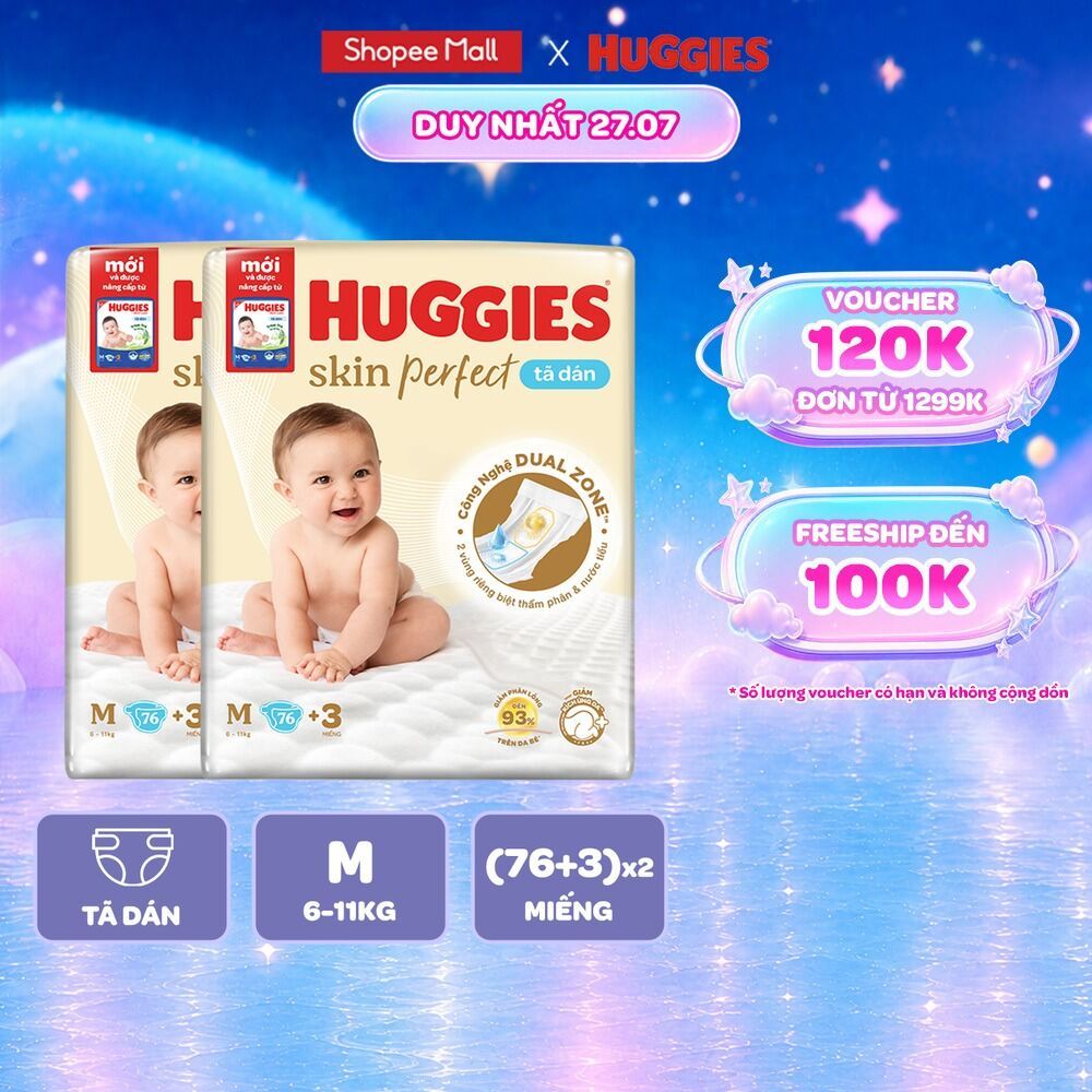 Combo 2 Tã/bỉm dán Huggies Skincare Super Jumbo M76+3/L68/XL60/XXL56