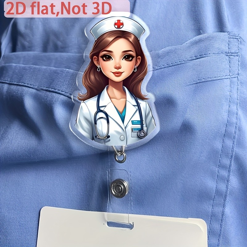 2D 1pc 2D Flat Cute and Charming Nurse Pattern Retractable Badge Reel Holder, Durable Acrylic Materi