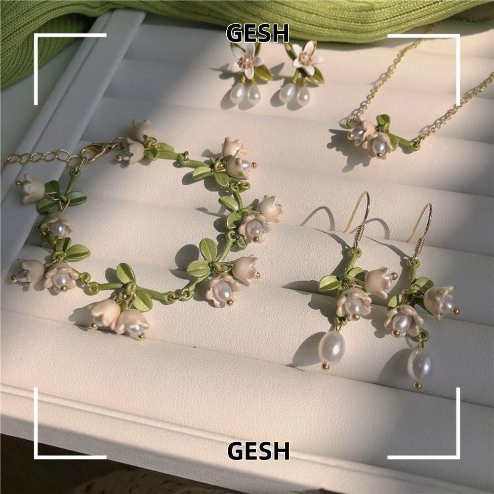 Bộ trang sức GESH Lily of The Valley, Vòng tay hoa lan xanh ngọc trai, Bông tai tua rua Lily of the 