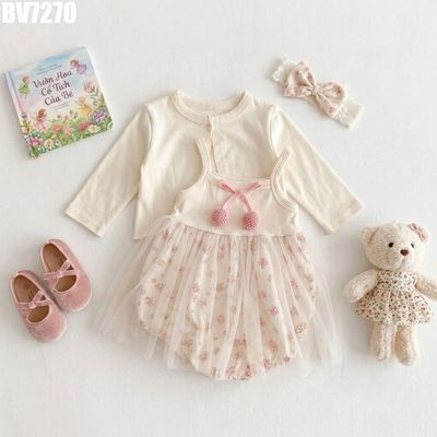 Set Body Váy Bé Gái Hoa Nhí Phối Áo Khoác Cardigan Trắng Kem Băng Đô Nơ Hồng Mềm MINTSCLOSET BV7270