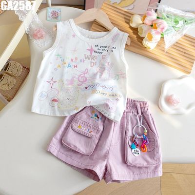 Bộ Bé Gái Áo Ba Lỗ Trắng In Họa Tiết Pastel Phối Quần Short Túi Hộp Hồng Tím MINTSCLOSET GA2587