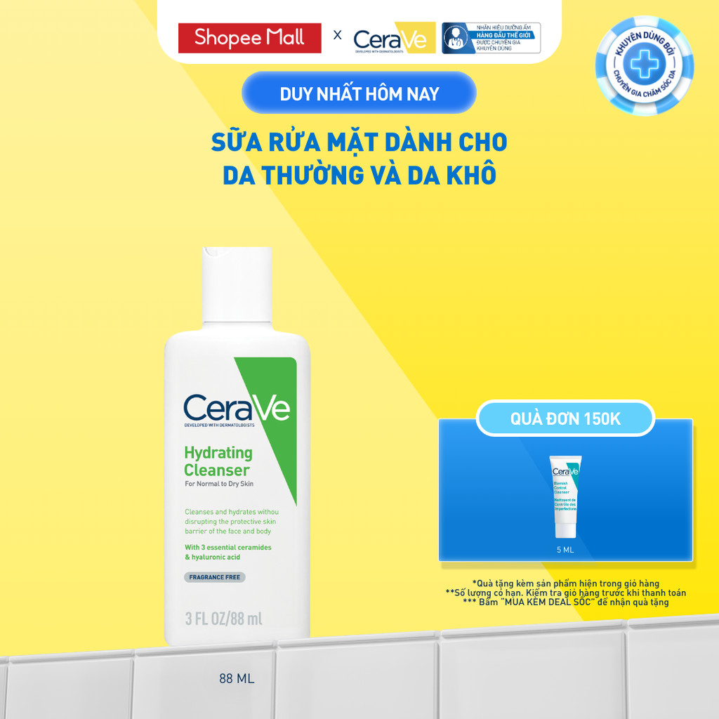 Sữa rửa mặt giúp làm sạch sâu dành cho da thường và da khô Cerave Hydrating Cleanser 88ML
