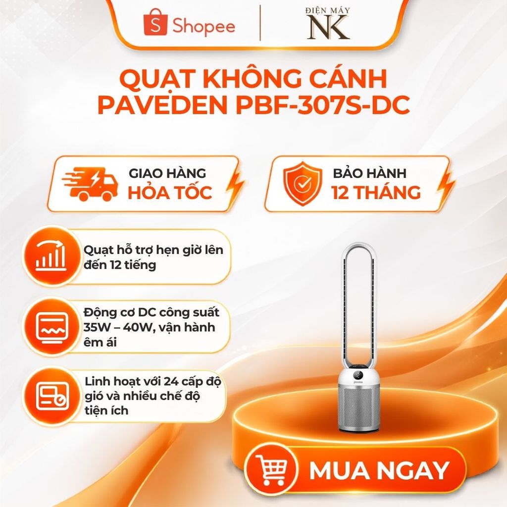 Quạt Không Cánh Paveden PBF-307S-DC - 24 mức gió - Chế độ hẹn giờ đến 12 giờ - Bảo Hành 12 Tháng