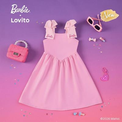 (New Arrival) Barbie™ X Lovito Kids Váy Đầm Bé Gái Hồng Xuân/Hè Dáng Xòe Đến Gối Thêu Họa Tiết Nơ Đường Kết Cấu LBL5AD028