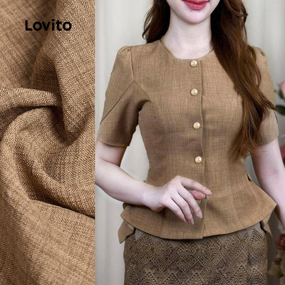 Lovito Áo thanh lịch có nút phía trước xếp ly mùa xuân/hè màu nâu cho nữ L171ED047