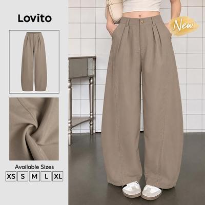 (New Arrival) Lovito Quần casual nữ dáng suông cạp nút mùa xuân/hè màu kaki PTK8TD206