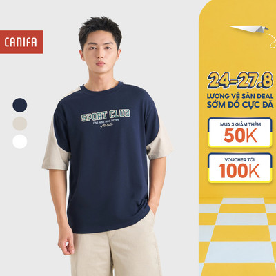 Áo phông nam CANIFA áo thun cotton mềm mịn thấm hút phối màu dáng rộng 8TS26S015