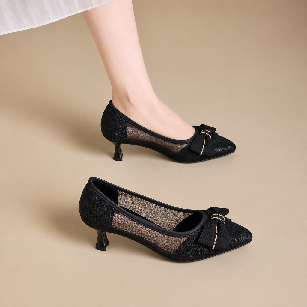 0 Giày Sandal Lưới Nữ Nhỏ Gót Nơ Cutout Giày Giữa Gót Mũi Nhọn Stiletto Gốc Cao