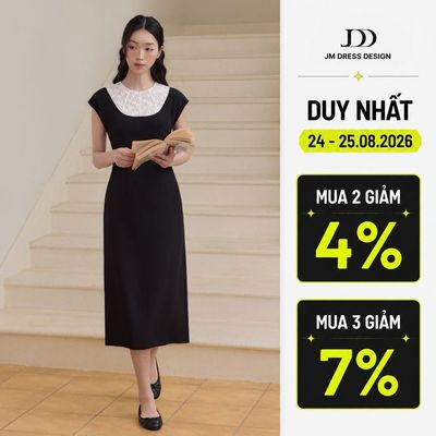 Đầm Xuân Hè Phối Cổ Ren, Chân Suông Nhỏ 1S30.2604, Đầm Midi Dáng A-line Thiết Kế Sát Nách, Váy Công Sở Thanh Lịch By JM