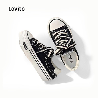Giày thể thao Lovito Phong cách thường ngày vải canvas dày nhẹ màu trơn ghép nối màu sắc preppy thoáng khí đế mềm cho nữ LFA49131