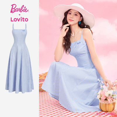Barbie™ X Lovito Kỳ nghỉ Đầm Mặc Họa Tiết Xếp Ly Xuân Hè xanh lam trắng cho Nữ DRBL4PAD016