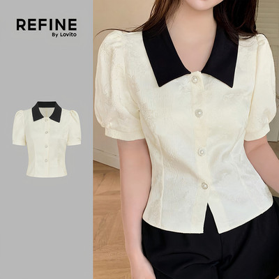 (Refine by Lovito) thanh lịch Áo dễ thương jacquard có nút mùa xuân/hè màu trắng ngà cho nữ Công sở LR35A112