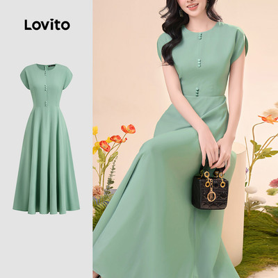 Đầm nữ Lovito xanh lá xuân hè nút trước thanh lịch L142ED684