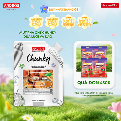 Mứt Trái Cây Pha Chế Dưa Lưới & Đào - Có miếng trái cây thật - Nguyên liệu pha chế - ANDROS CHUNKY - 1kg
