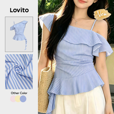 (New Arrival) Lovito Áo sơ mi nữ mùa xuân/hè tay trễ vai bèo nhún dáng rũ màu xanh dương BLK8P1D690