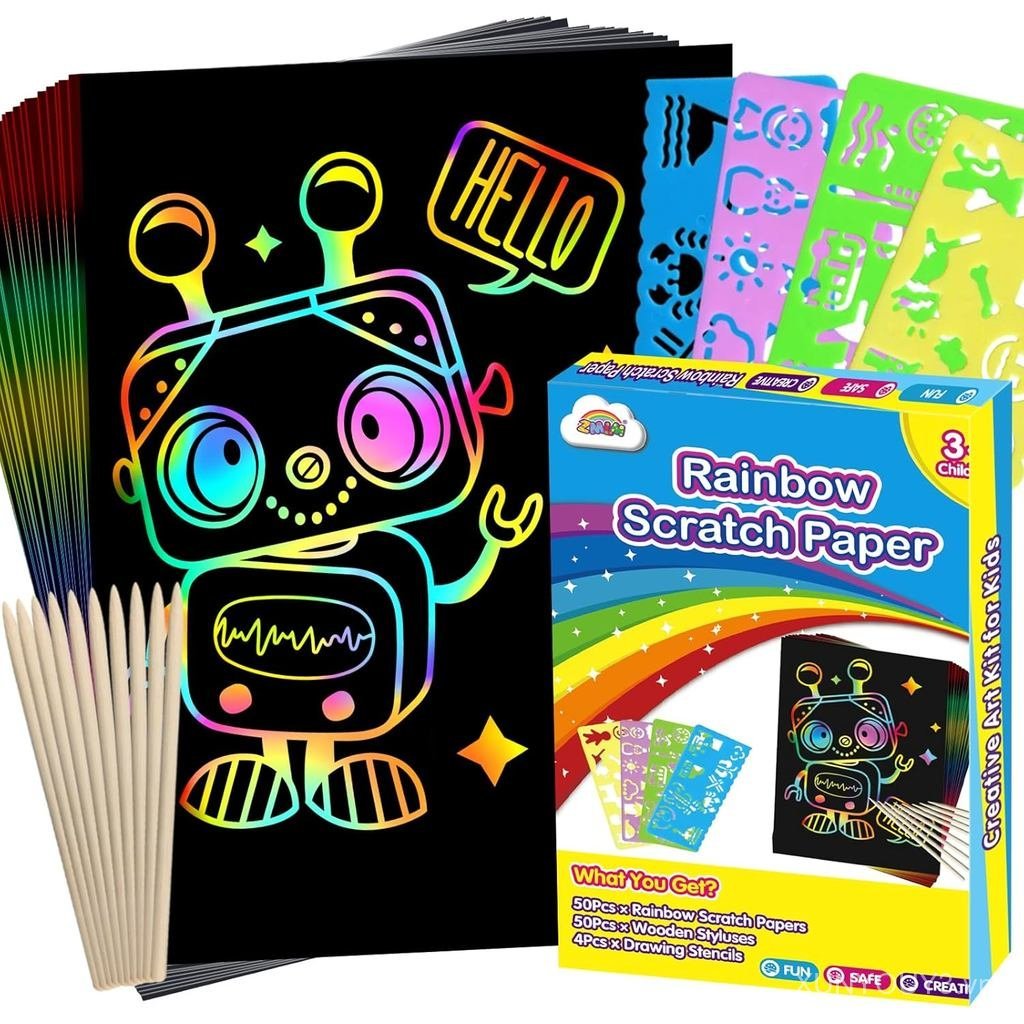 ZMLM Scratch Paper Art Crafts Kids Gifts, 100PCS Rainbow Scratch Paper Art for 3 4 5 6 7 8 9 Years O