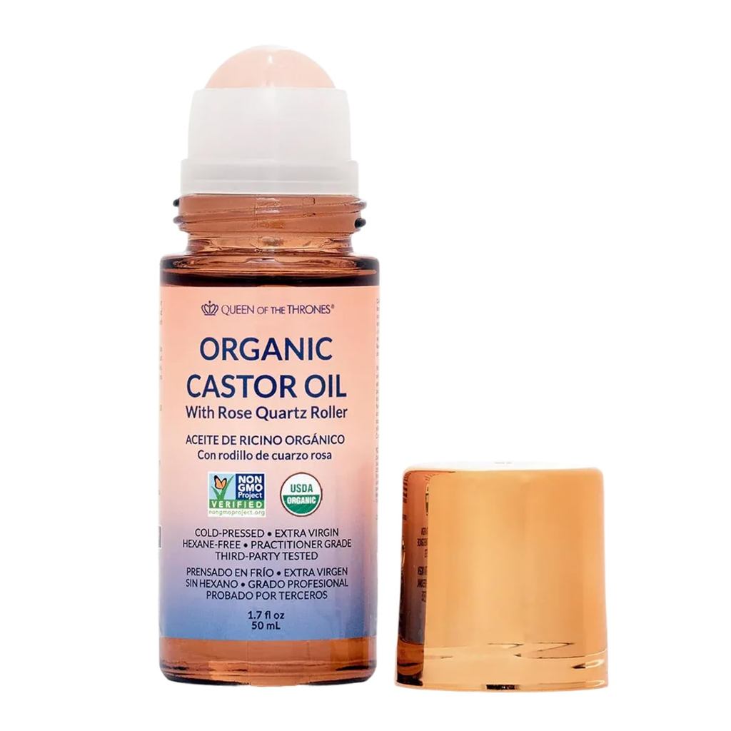 QUEENOFHETHRONES®OrganicGoldenCastorOilRoll-OnwithRoseQuartz|100% Purefor, Brows & Lasshesandlessess