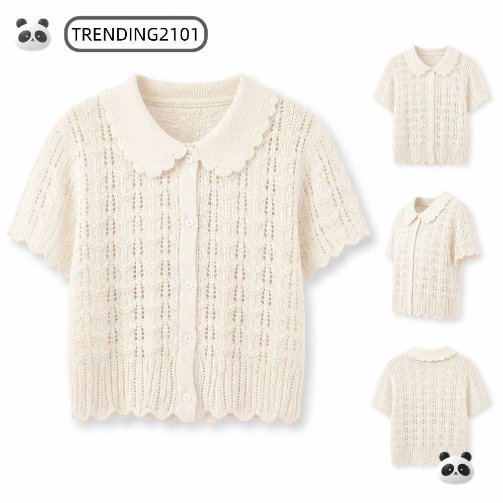 TRENDING Áo sơ mi dệt kim tay ngắn, kết cấu Openwork Peter Pan Collar Crop Đan Top, Nút crop Front S