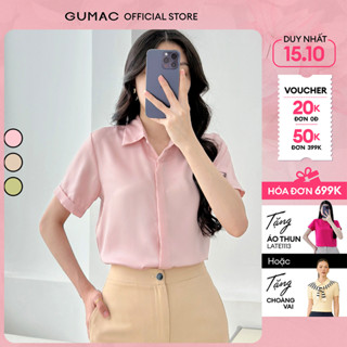 Áo sơ mi nữ tay ngắn giấu nút hồng trắng xanh be lụa mềm mát công sở thời trang GUMAC LAF0339
