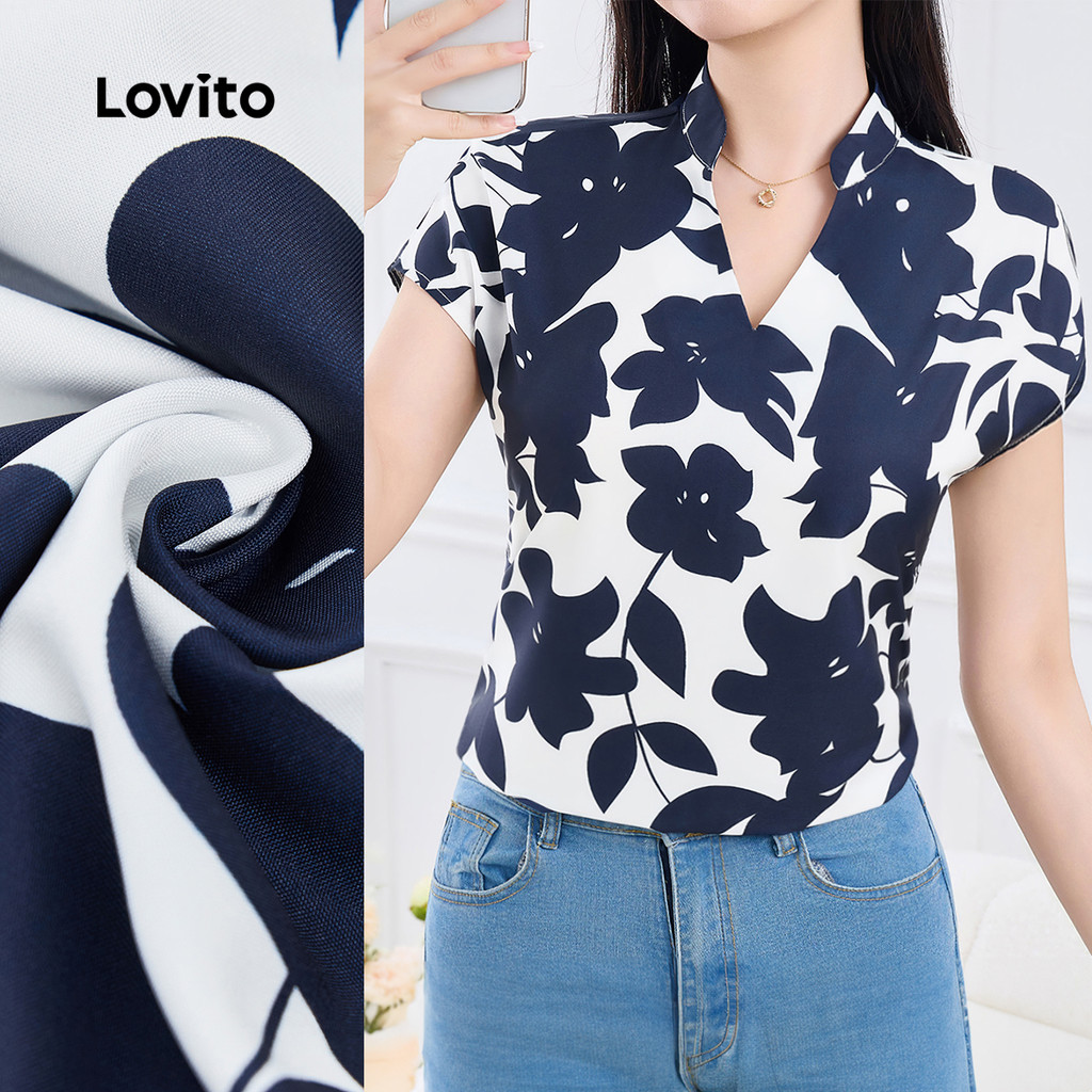 Lovito Áo sơ mi nữ mùa xuân hè áo sơ mi xanh đậm dạng thường L155AD049