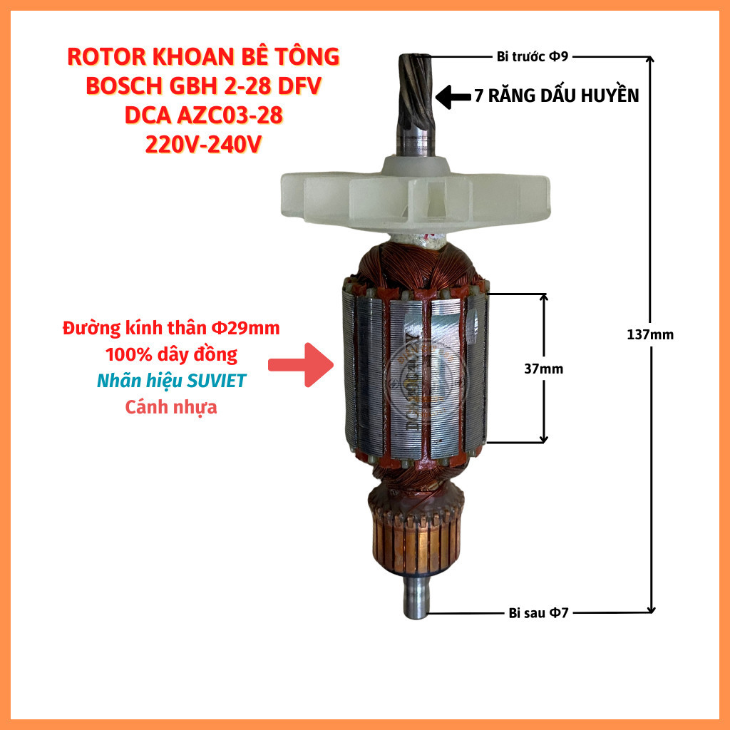 Rotor khoan BOSCH GBH 2-28, DC AZC04-28 220V - Tặng chổi than
