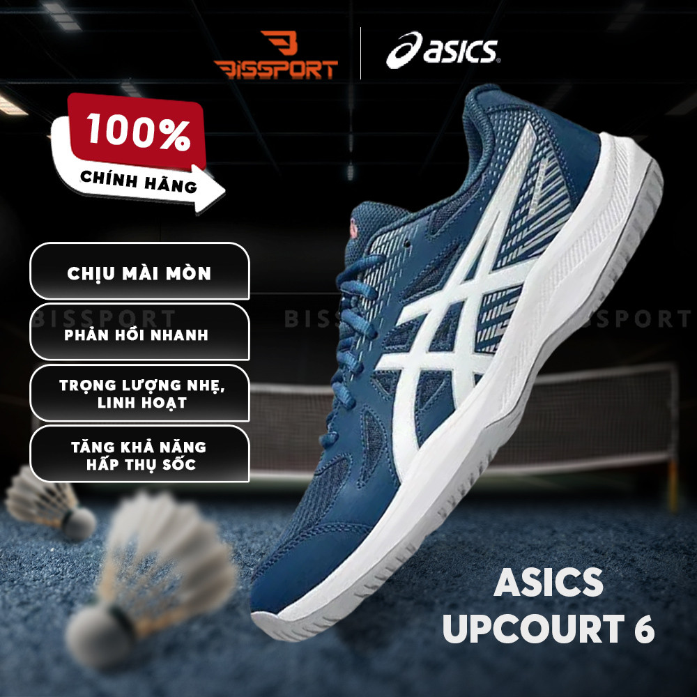 Giày Bóng Bàn/Cầu Lông Asics Upcourt 6 Xanh Chính Hãng - Chống Lật Tốt - Ổn Đinh - Êm Ái - Thoáng Kh