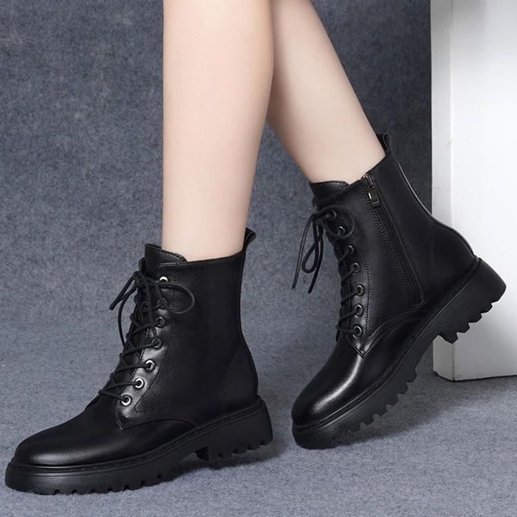 Genuine Leather Women Wedge Thick Bottom Single Boots Winter New Short Boots Black Velvet Cotton Sho