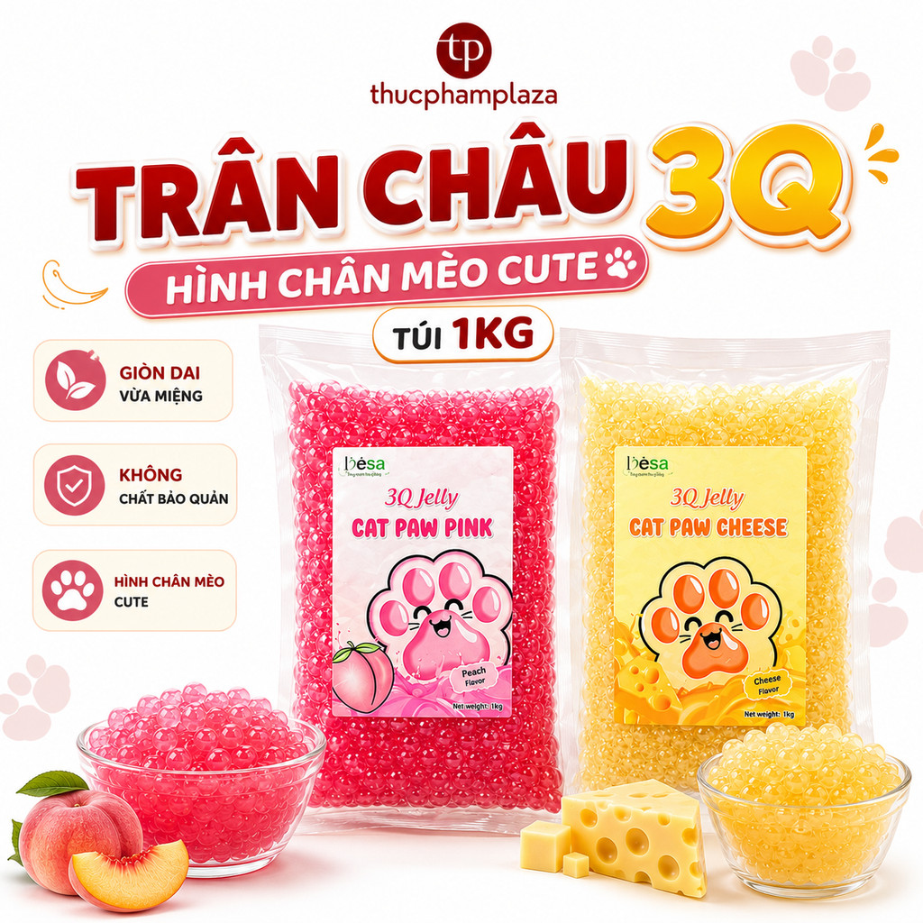 Thạch trân châu 3Q chân mèo Desa vị đào hồng và phô mai gói 1kg topping trà sữa trái cây sữa chua
