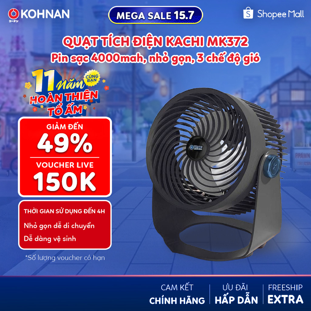 Quạt tích điện KACHI MK372 pin sạc 4000mAH, nhỏ gọn, 3 chế độ gió