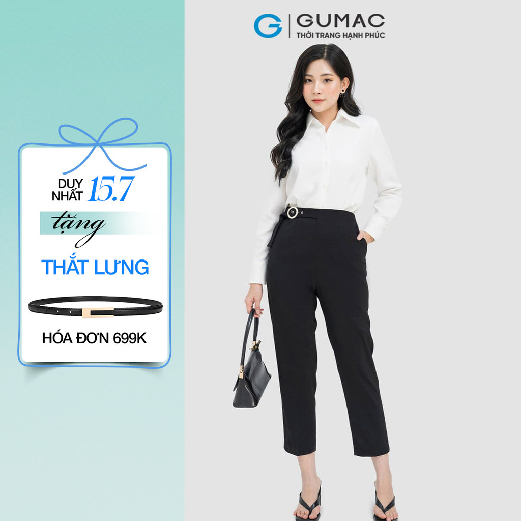 Quần tây nữ GUMAC baggy lưng liền phối phụ kiện vải silk len dày dặn  QD04026