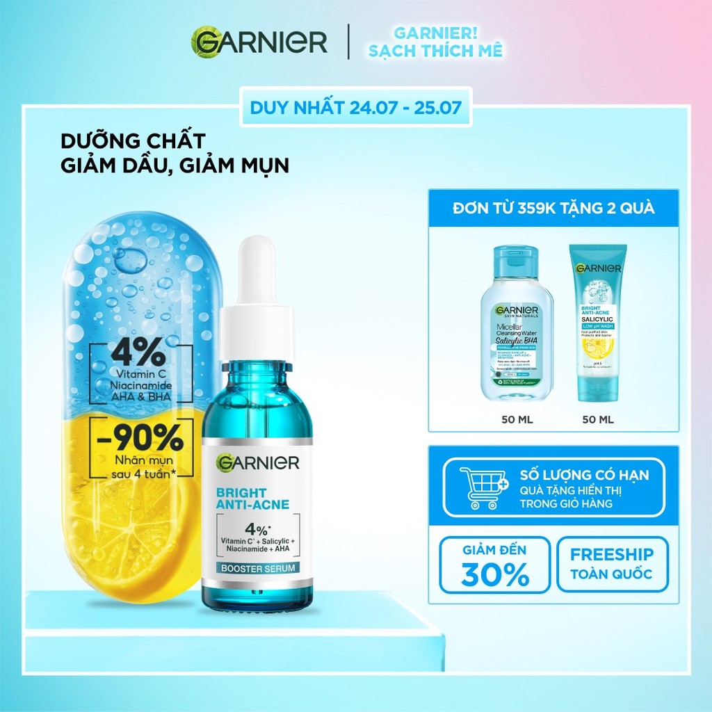 Dưỡng chất cho da dầu mụn Garnier Bright Complete Anti-Acnes Booster Serum 4% [Niacinamide, BHA, AHA
